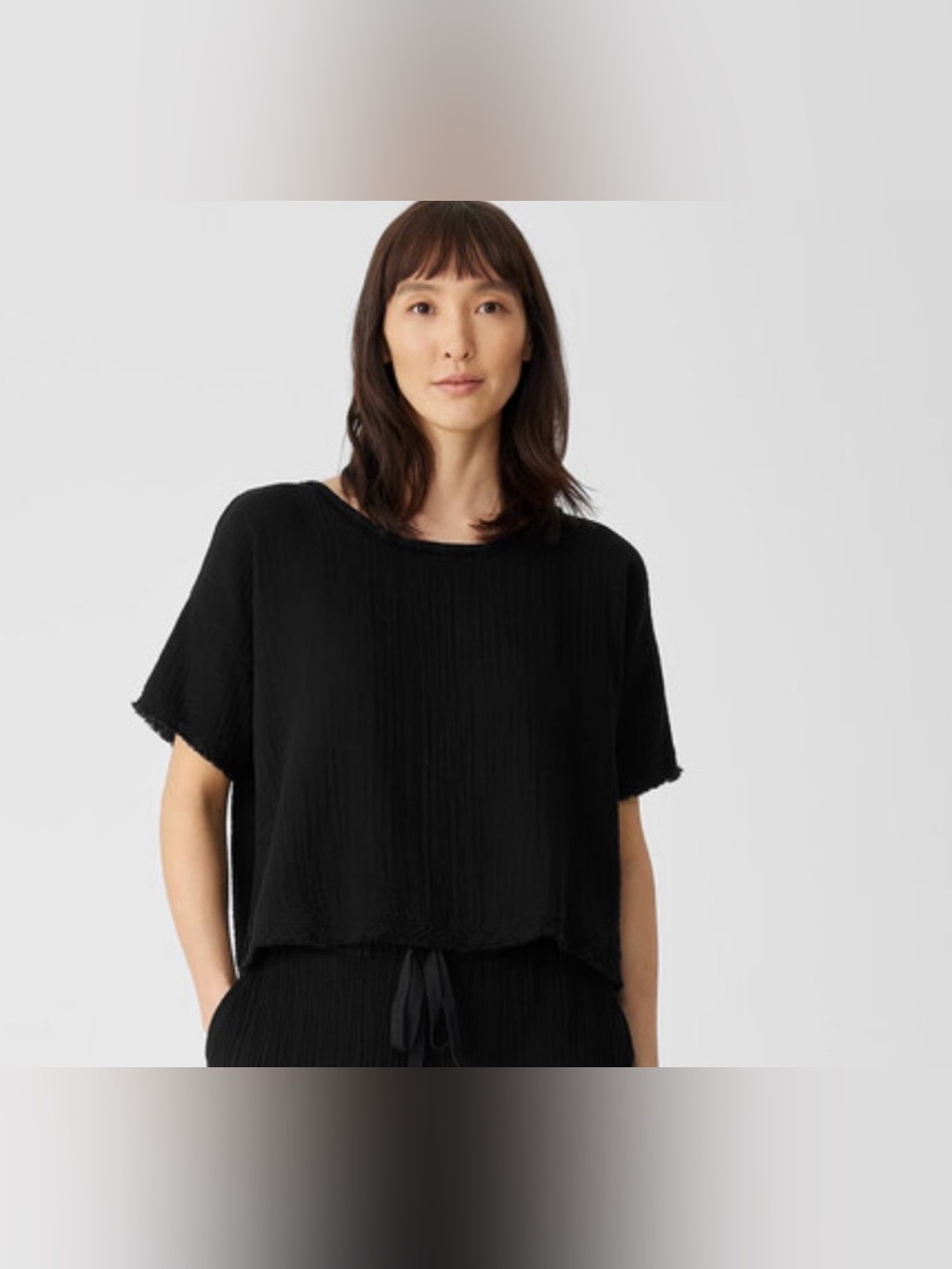 Eileen Fisher Black Cotton Ballet Neck Boxy Gauzy Light Raw Edge Oversize Top XS